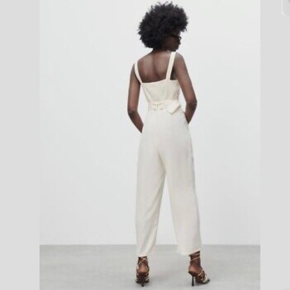 Zara Ivory high waisted w belt ankle jumpsuit - Picture 4 of 13